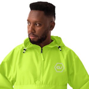 embroidered champion packable jacket safety green zoomed in 649e9ca7d4bde.jpg